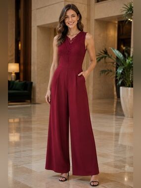 knitee burgundy lace wide leg jumpsuit size small